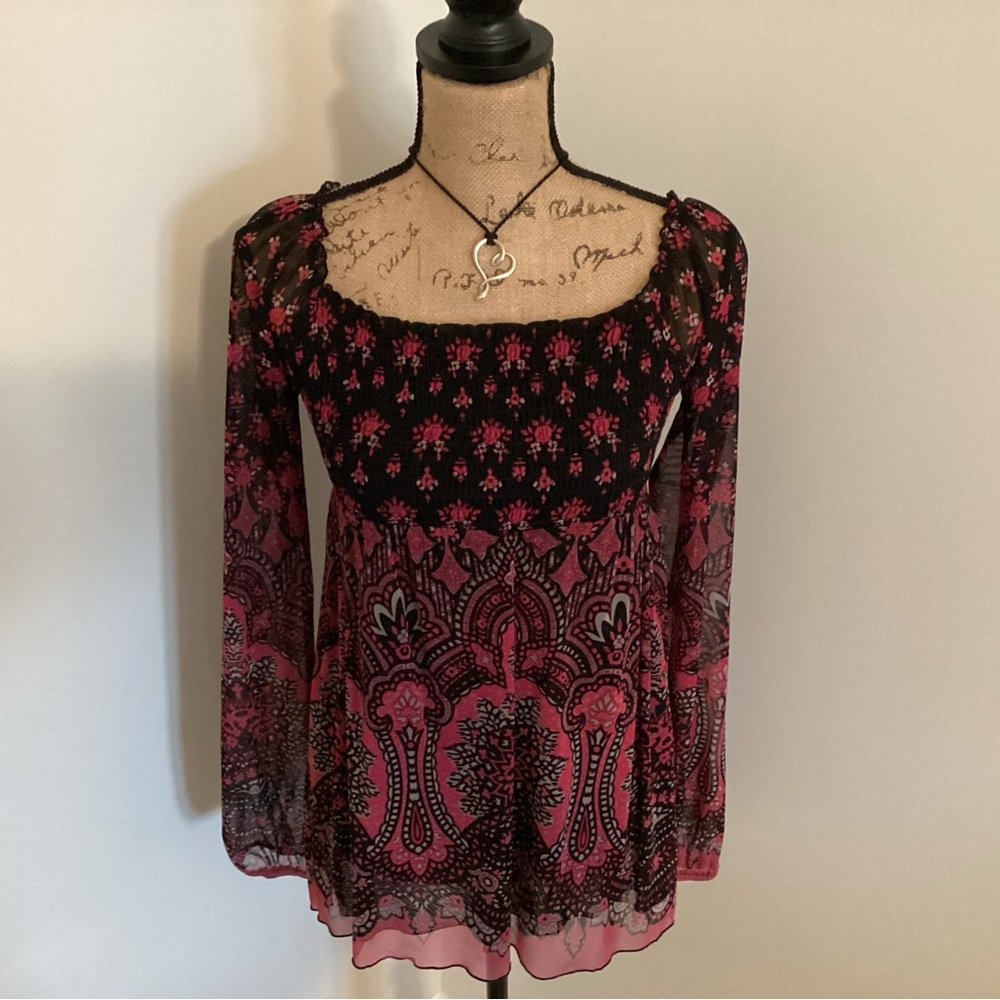 INC for Macys: Lined & Smocked Top with Sheer Sleeves in a Pink & Black Design.